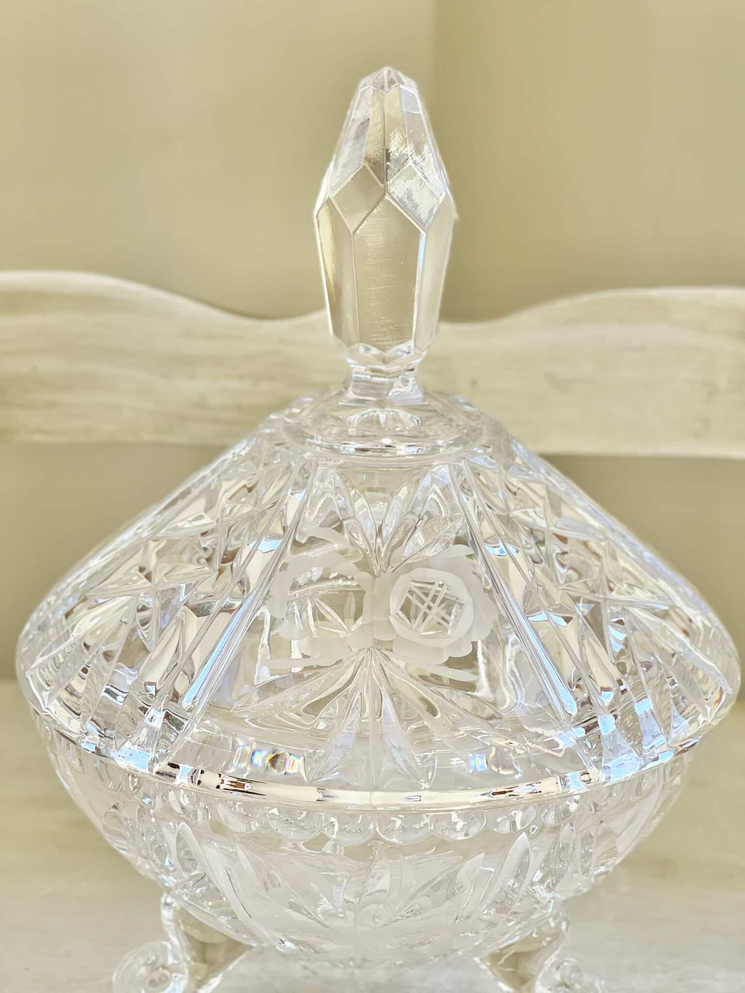 Vintage Lidded & Footed Candy Dish with Etched Flowers Vintage Keepers