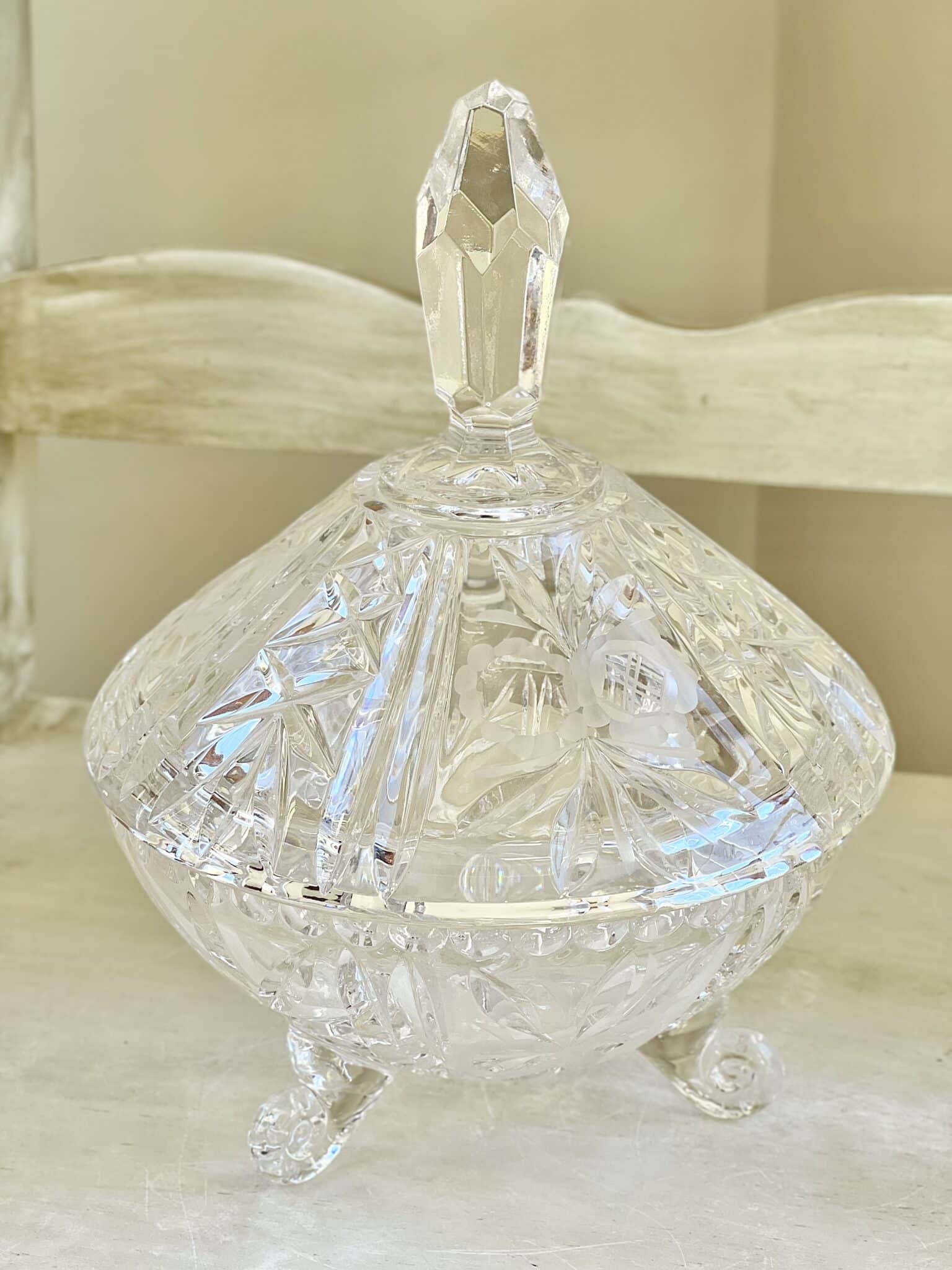 Vintage Lidded & Footed Candy Dish with Etched Flowers Vintage Keepers