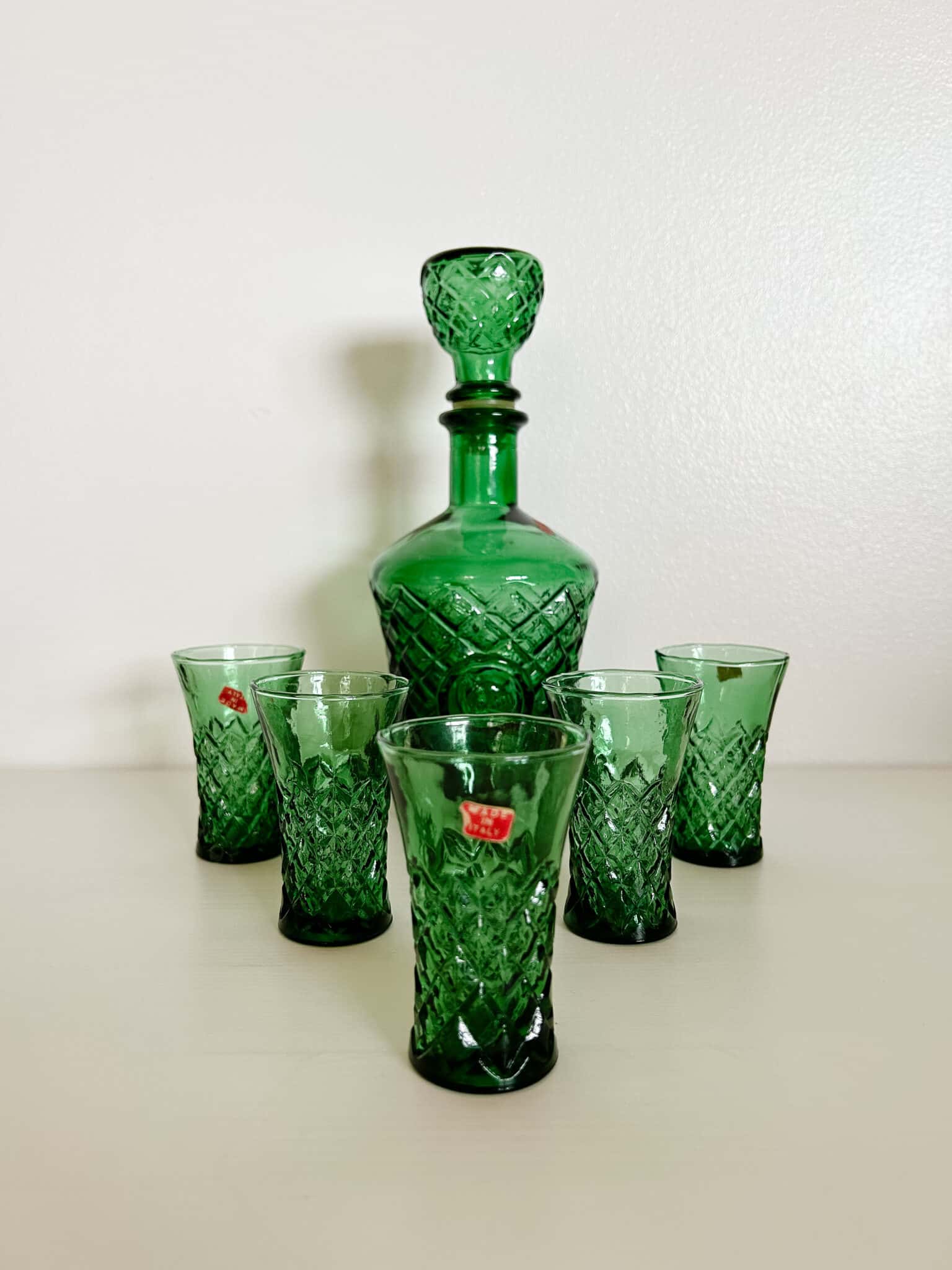 Italian Green Glass Decanter Set Vintage Keepers