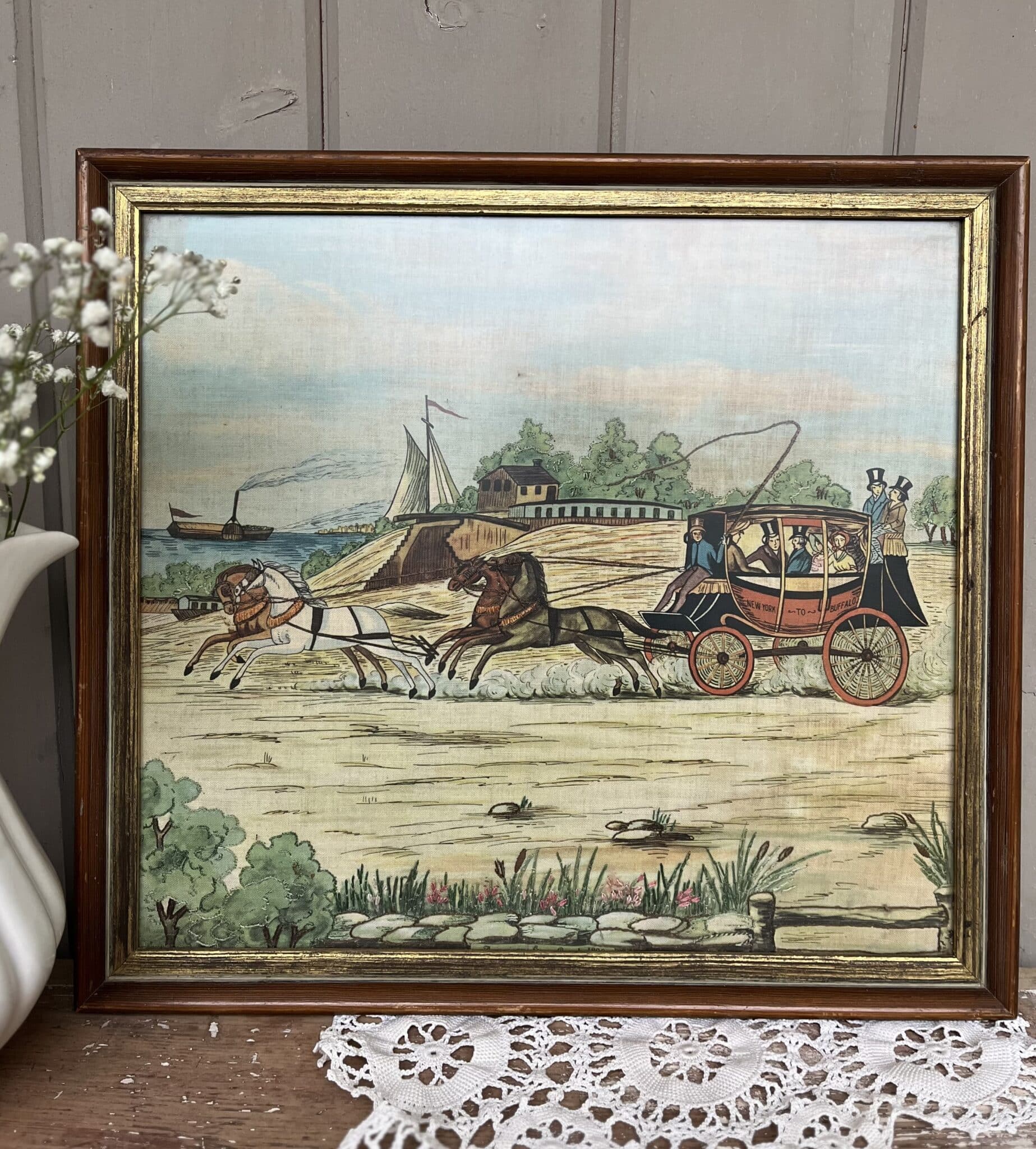 Framed Vintage Fabric Panel of Stagecoach “New York to Buffalo